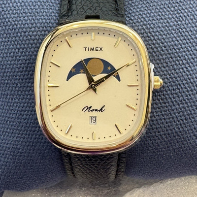 Timex  X Noah Oval Moon Phase Black Leather Strap Gold Stainless Steel Case
