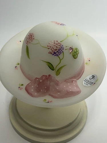 Fenton Burmese Glass Handpainted/Signed Hat with Stand