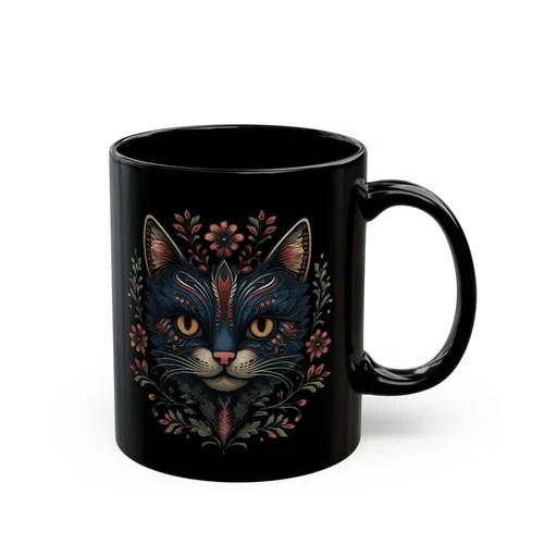 Black Cat Mug, Cat Mug, Unique Cat Deisgn Mug, Cat Cup, Black Coffee Mug, 11oz