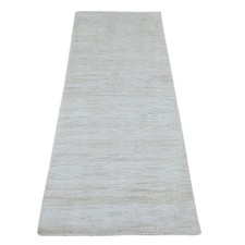 2'7"x6'3" Ivory Plain Solid Pattern Hand Knotted Ghazni Wool Runner Rug 21933
