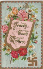 Vintage Postcard Embossed Flowers & Good Fortune Symbol, Hearty Good Wishes 1912