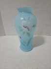 Fenton, Maplinger Signed Hand Painted Blue Glass Vase Floral Design 9inch