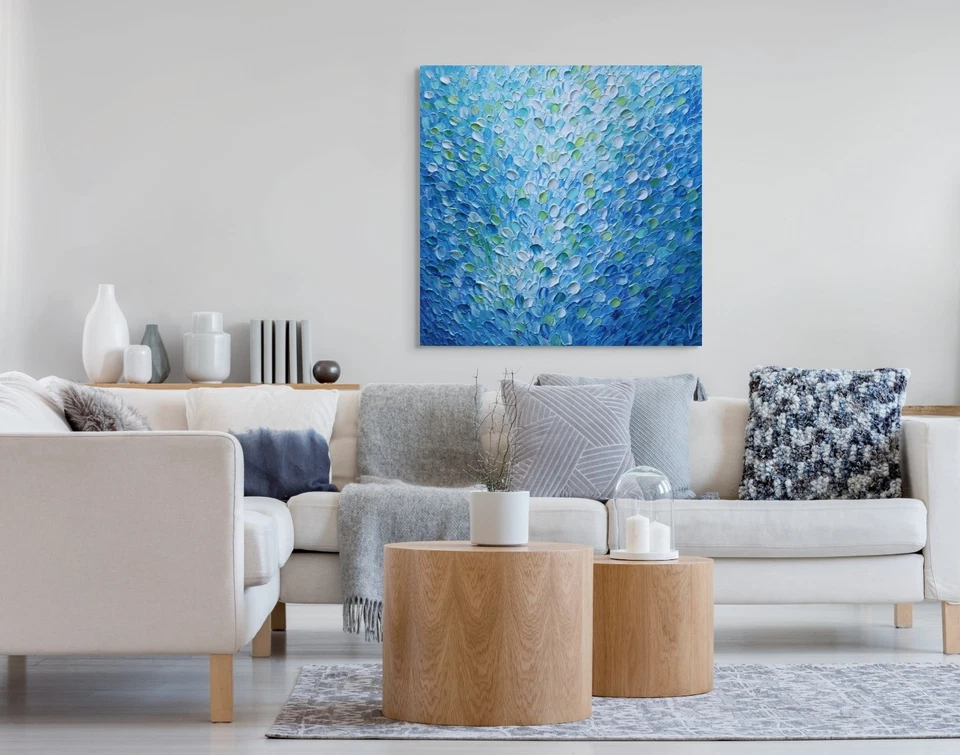 Pintura Original del Océano 30x30 - Gotas de Agua Corriendo Paisaje Marino Texturizado Foto 4 de 4