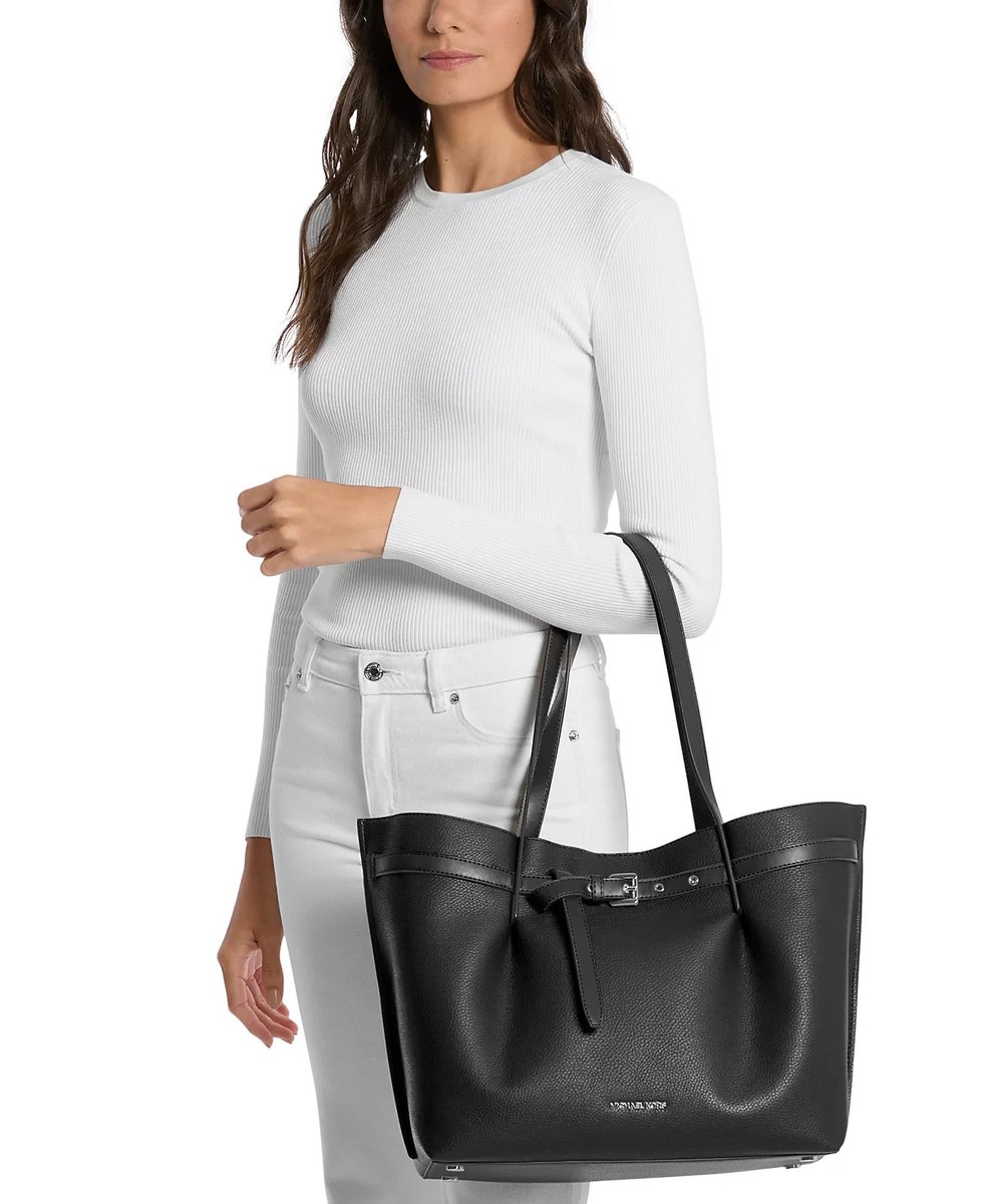Michael Kors Emilia Black Leather Large Center Zip Pocket Tote Bag