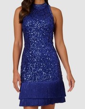 Adrianna Papell Women's Blue Sequined Fringe Sheath Dress Size 16