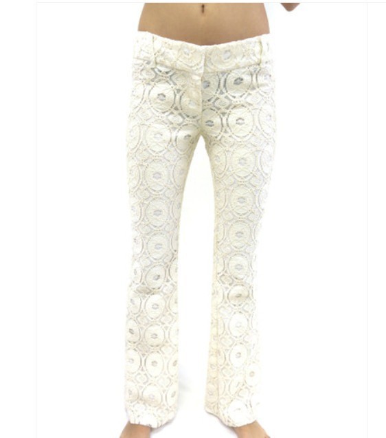 Bespoke SW3 Kensington Ivory Cream Eyelet Lace Flared Pants Size 4