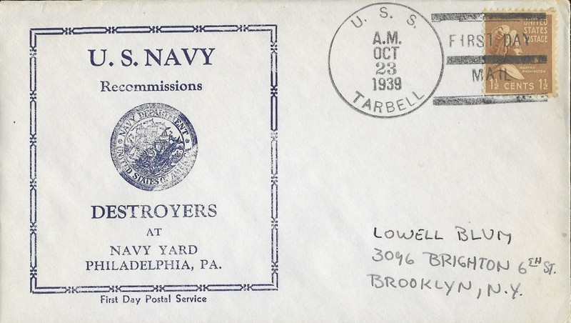 23 Oct 1939 Naval Cover, First Day Postal Service, USS Tarbell DD-142