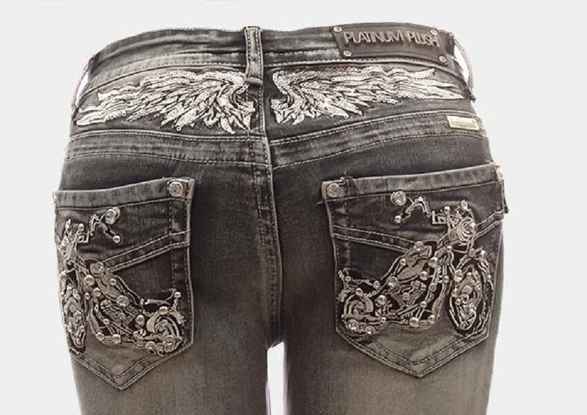Ladies Rhinestone Denim Pants with Motorcycle Design on