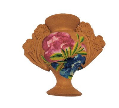 Norleans Miniature Clay Terracotta Pottery Bud Vase Hand Painted Floral