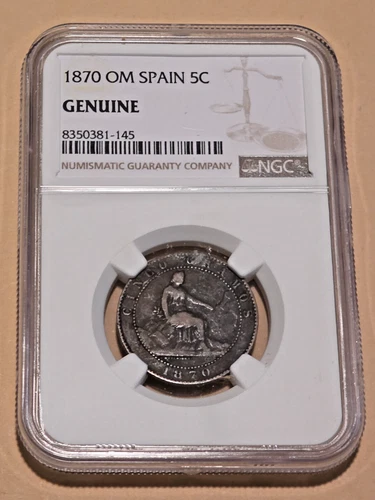 1870 OM Spain 5 Centimos - NGC Genuine - Bronze Seated Hispania Coin