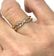 Gold Tone Double Band Bar Clear Round Pavé Rhinestone Ring Size 8 Dainty Cottage