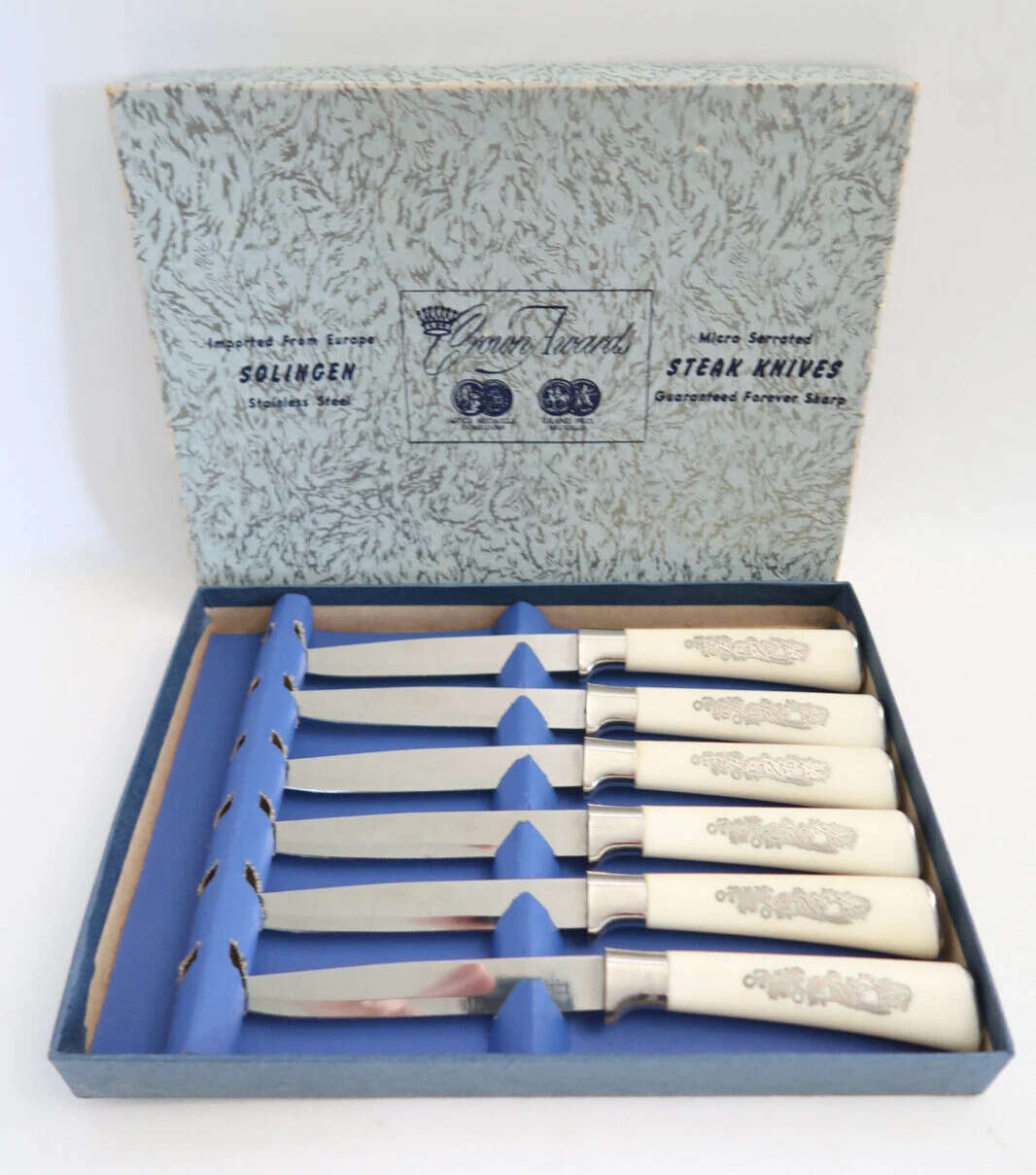 Crown Awards Micro Serrated Steak Knives from Europe Solingen Set of 6 Steel