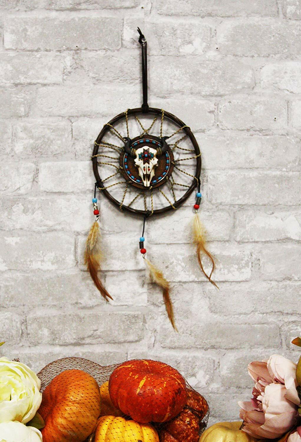 Native American Horned Bison Steer Cow Skull Dreamcatcher With Beaded Feathers