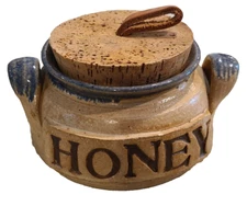 Studio Pottery Honey Keeper Jar. Cork Lid Leather. Brown Blue. Signed