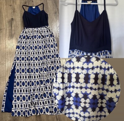 J CREW Navy Blue MAXI DRESS Boho Print Beach Flowy Geometric Halter Style Sz 00