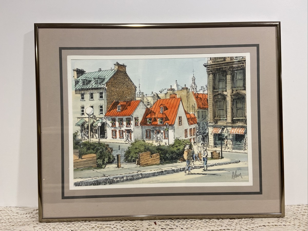 Framed Pen & Ink Color Drawing of Old Quebec City by Alain Couture