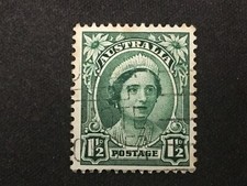 1949 AUSTRALIA DEFINITIVES P14 NO WMK 1½D GREEN QUEEN ELIZABETH - USED
