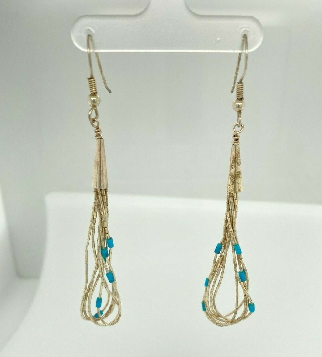 Liquid Silver Dangle Loops Tiny Turquoise Sterlin… - image 1