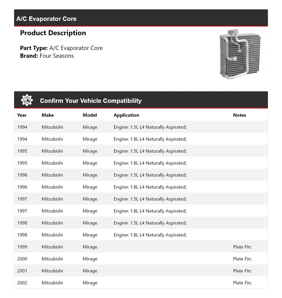 Núcleo evaporador aire acondicionado Mitsubishi Mirage 1994-2002 4 estaciones 1995 1996 1997 Foto 2 de 4