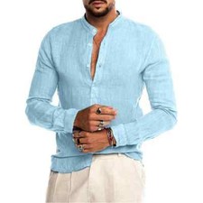 Cotton Linen Men's Summer Solid Color Stand-Up Collar Beach Long-Sleeved Shirts