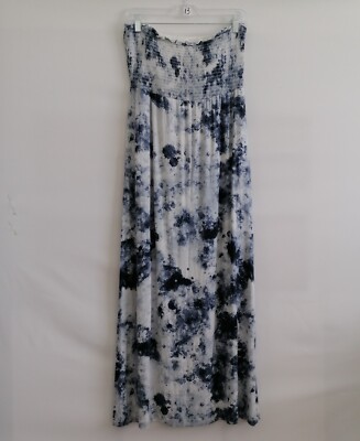 Soma Soft Jersey Blue White Tie Dye Smocked Maxi Built-In Bra Dress Size Medium