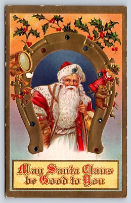 Postcard Christmas Old World Santa Red White Coat Horseshoe Holly c1910s U28