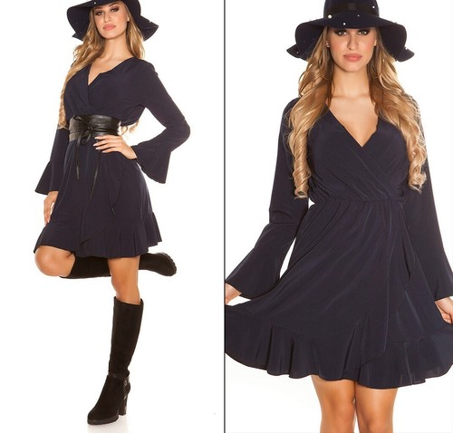 Sexy Miss Femmes V Robe Midi Manches Longues Volant Drapé Look 34/36/38 Bleu - Photo 1 sur 14