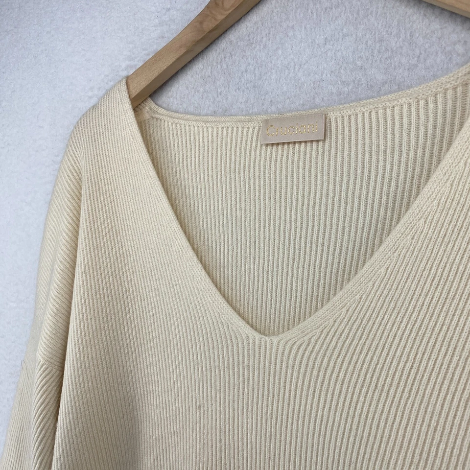 Suéter CRUCIANI para mujer 44 M túnica acanalada de cachemir cuello en V suéter blanco roto Foto 2 de 4