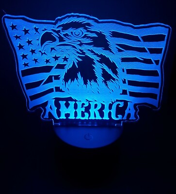 American Eagle And Flag 3D LED Night Light 16 Color Changing Acrylic W/ Remote