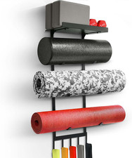 Yoga Mat Holder Wall Mount, Home Gym Storage Rack with Top Floating Shelf, 4-Tie