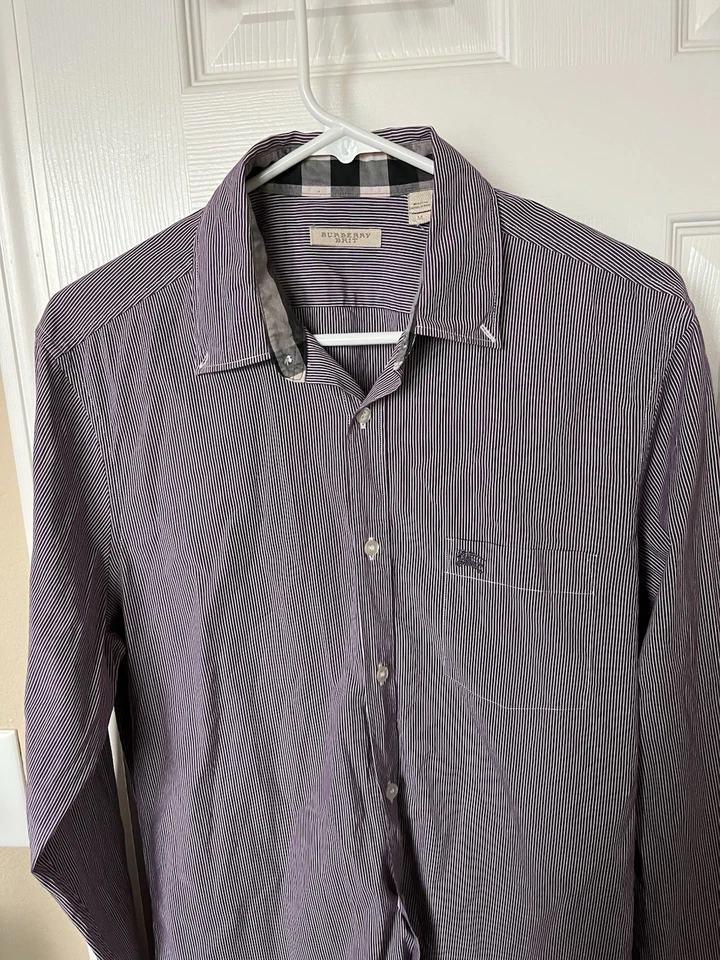 Burberry Brit Men’s Striped Long Sleeve Dress Shirt Sz M Plaid Purple/ White - Image 2 of 4