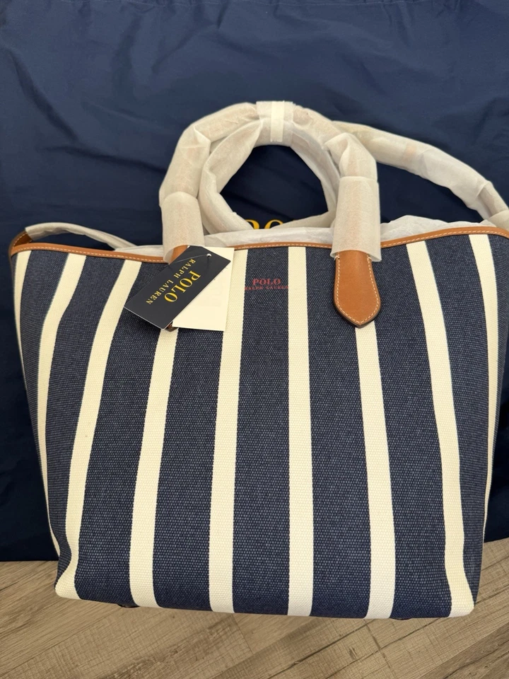 New Polo Ralph Lauren Striped Canvas Navy White Striped Medium Bellport Tote Bag - Image 4 of 4