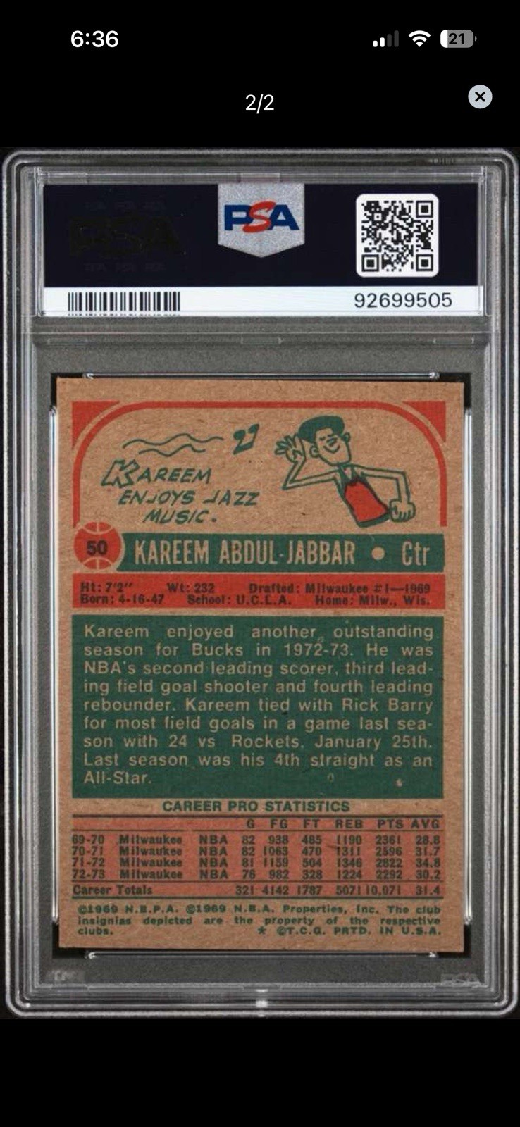1973-74 Topps Kareem Abdul-Jabbar #50 PSA Graded 4 VG/EX view 2