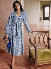 Sézane Yuliana Embroidered  Women Midi  Dress Floral Print White &Blue Size 38