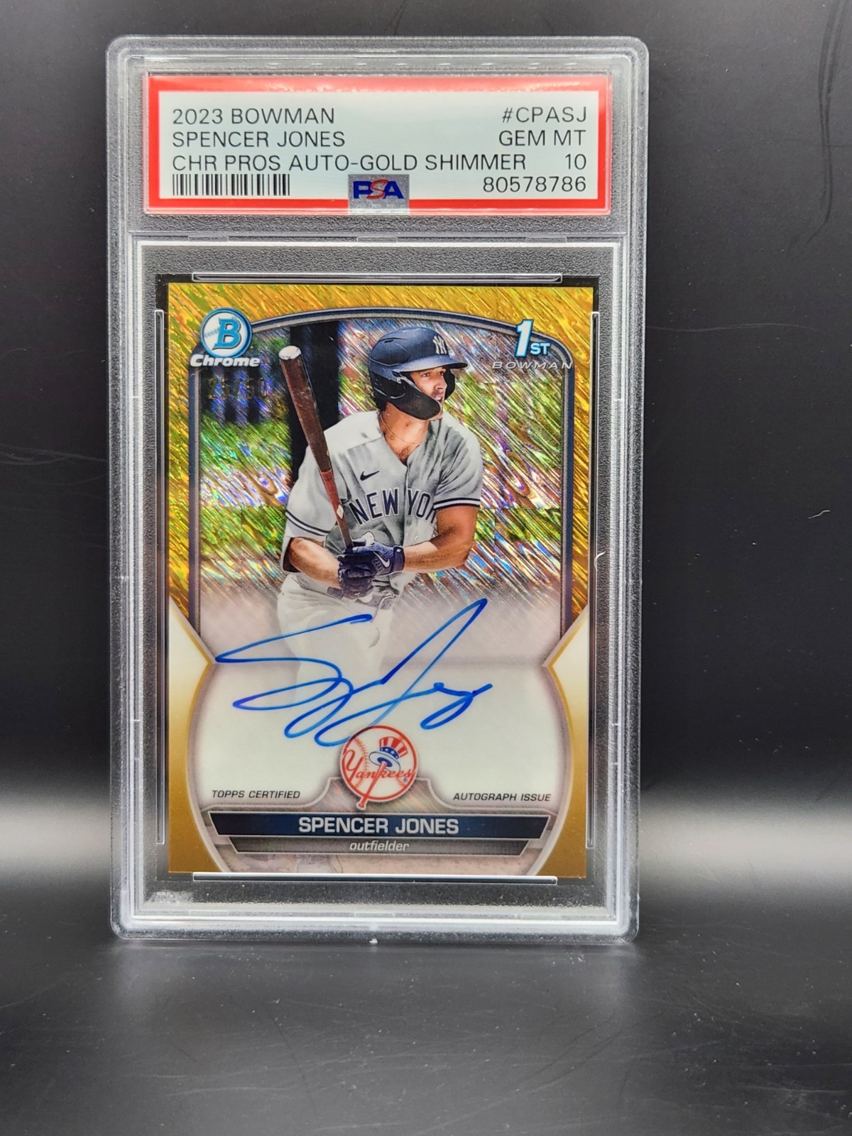 2023 Bowman 1st Chrome Spencer Jones - Gold Shimmer Auto /50 PSA 10