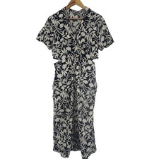 Old Navy Dress Women L Black White Floral Cut-Out Button Front Midi Resort