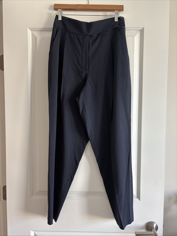 Lewit Women's Navy Stretch Wool Pleated, Tapered Ankle Pants Size 10, High-Waist
