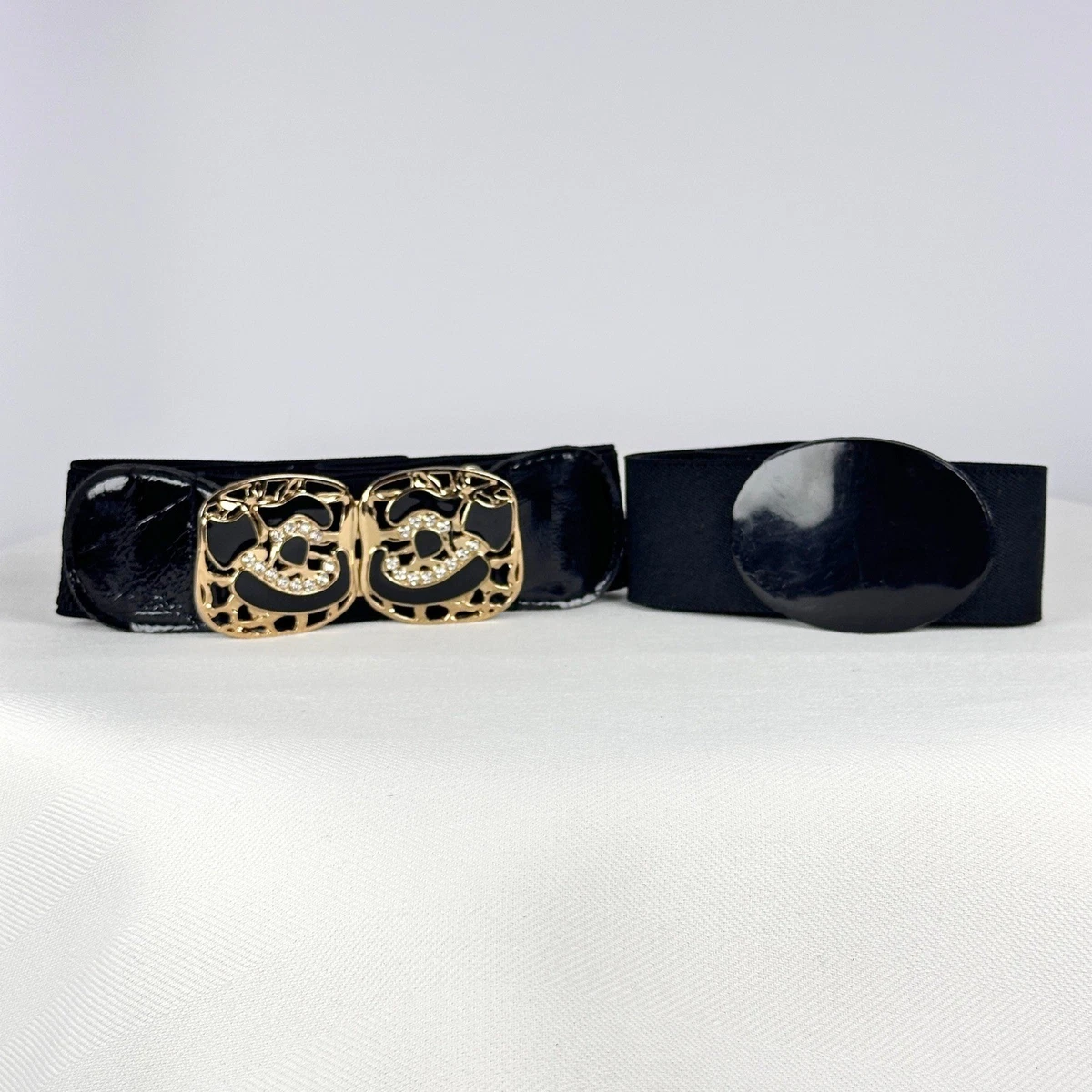 Vintage Black Leather Statement Belt Gold Tone Textured Links Heavy Hardware Women main image 2