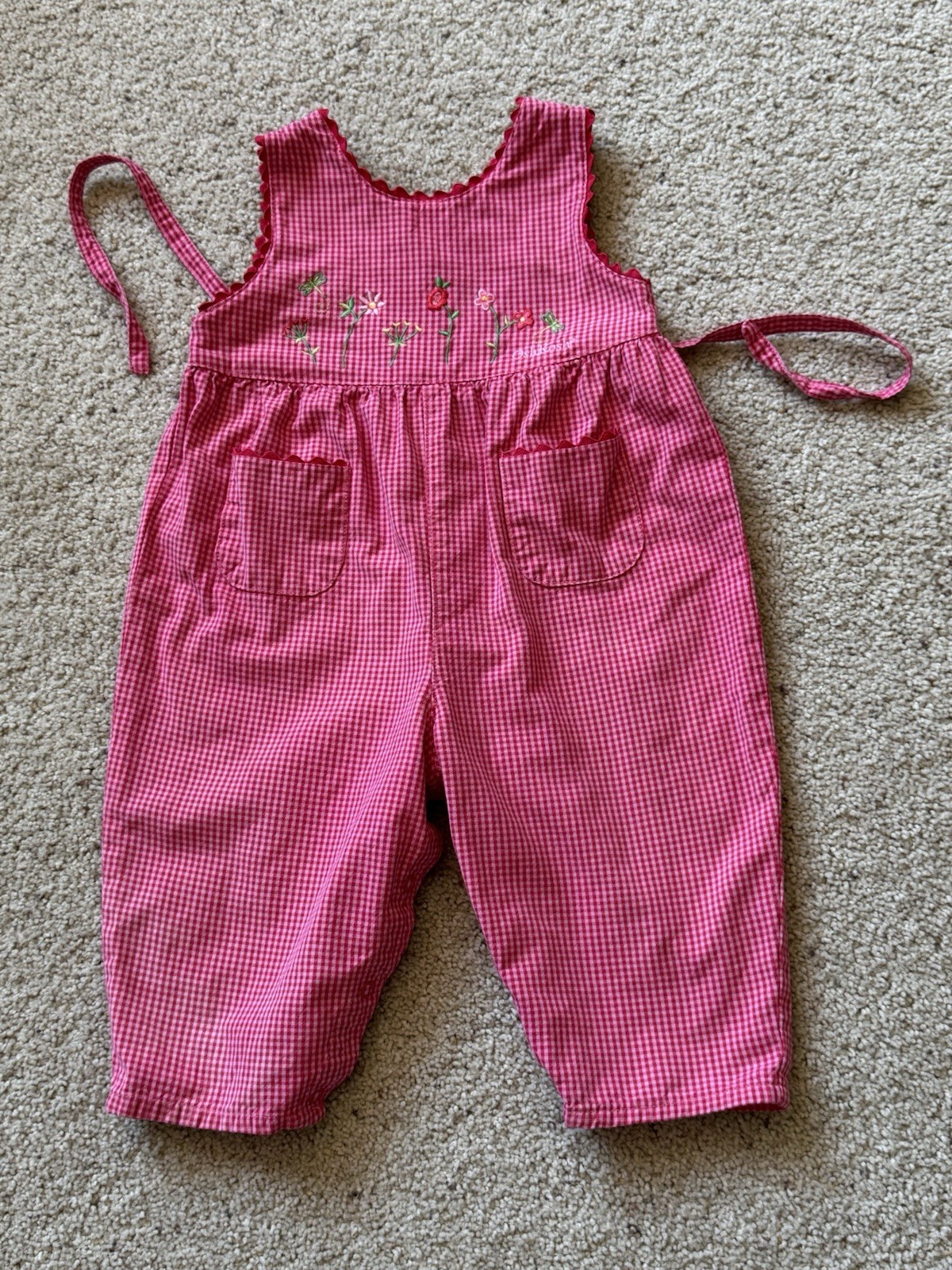 Vintage OshKosh B'Gosh Baby Girls Pink Gingham Embroidered Romper Overalls 12M