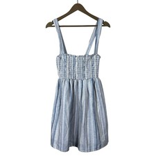 American Eagle Smocked Striped Linen Blend Mini Dress Blue White Boho Size S