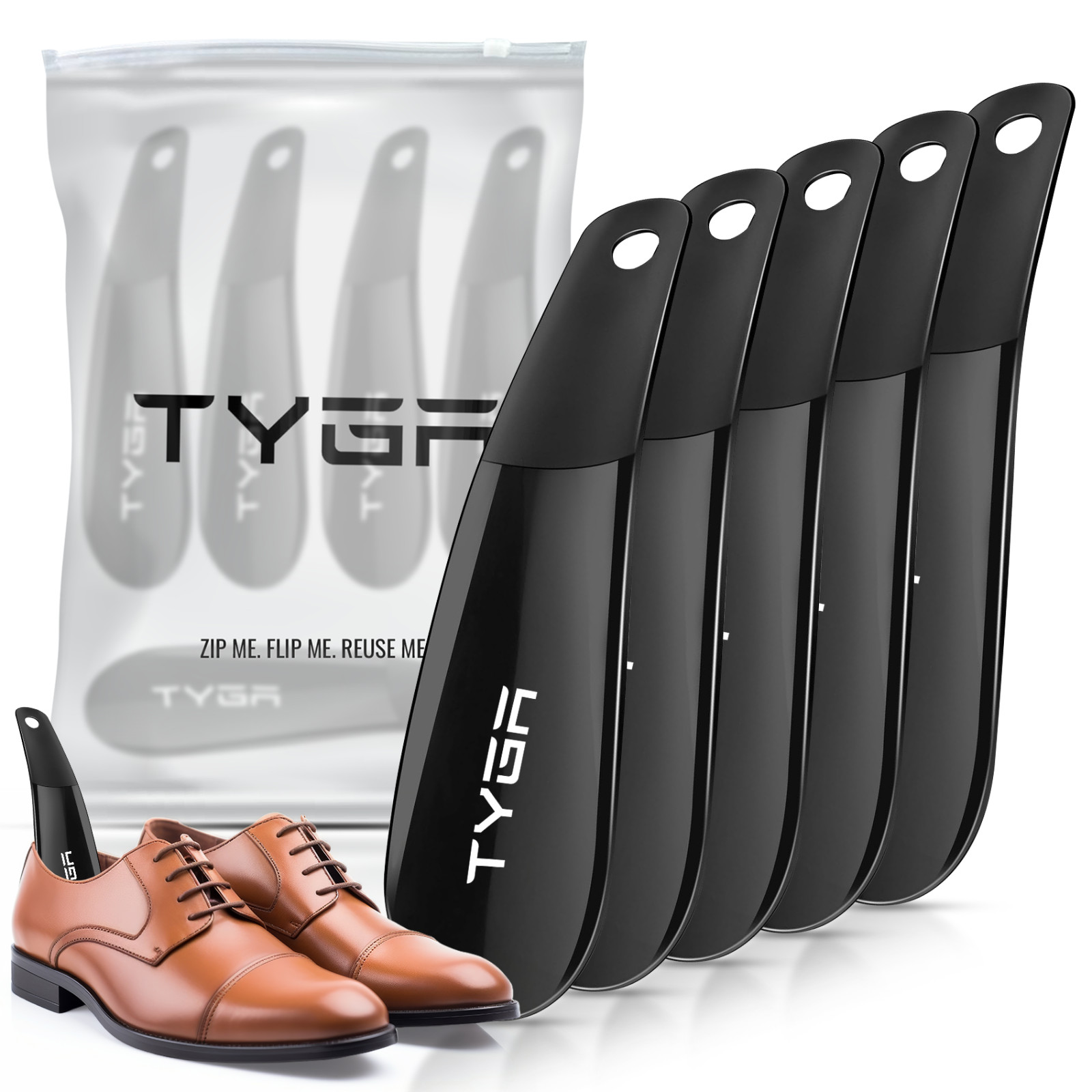 TYGA Store | 5 Black Shoe Horns For All Shoes, Prevent Creases, Easy Slip-in.