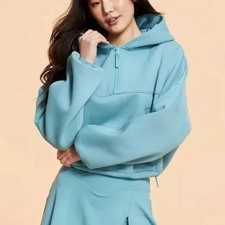 BLOGILATES Marshmallow Half Zip Hoodie Sweatshirt Teal Womens L Oversized Hooded