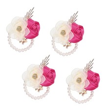 Rose Wrist Corsage, 4Pcs Wrist Corsage Bracelets Flower Wristlet, Rose Red