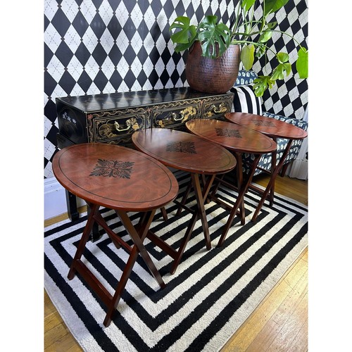 Vintage Bombay TV Tray Set Mahogany Folding Tables Set of 4 and Stand