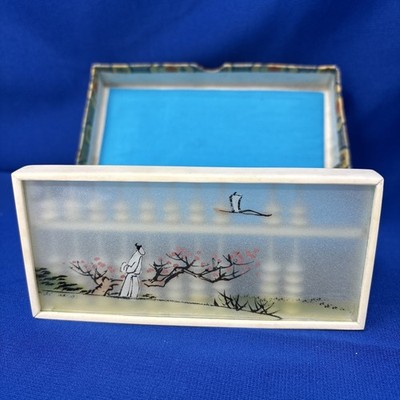 Small Vintage Chinese Suanpan Abacus Painted Glass Fabric Box PRC
