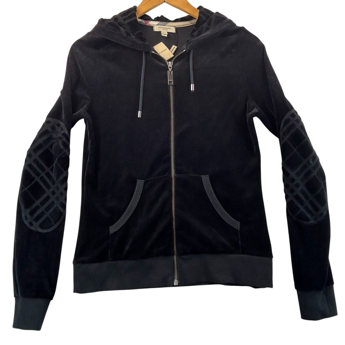 Burberry London Velour Hoodie Jacket Women's Sz M Full Zip Black