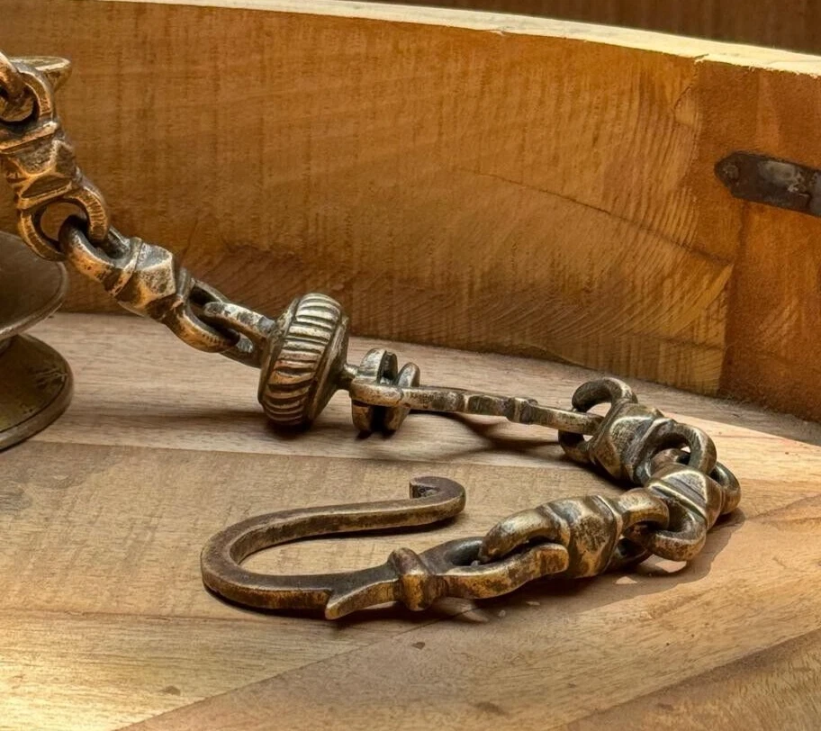 Antique Brass Hanging Diya Oil Light Lamp With Chain Original Old Fine Engraved - Image 4 of 4