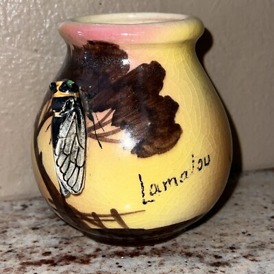 Francois Sigard French Faience 3 3/4'' Hand Painted Vase w/ Applied Cicada 1930's