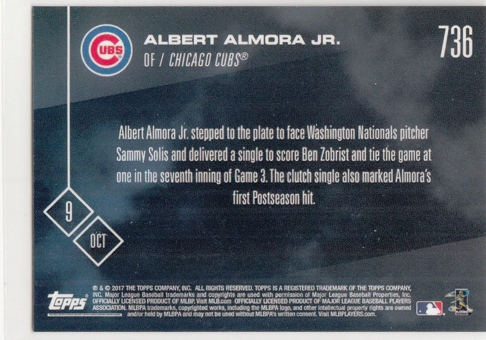 2017 Topps Now Baseball On-Demand ALBERT ALMORA JR. #736 Cubs - PR 463 - Image 2 of 2