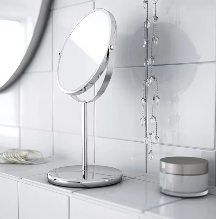 IKEA SHAVING MIRROR Stainless Steel Free Standing Round Magnifying 2 Sided - NEW